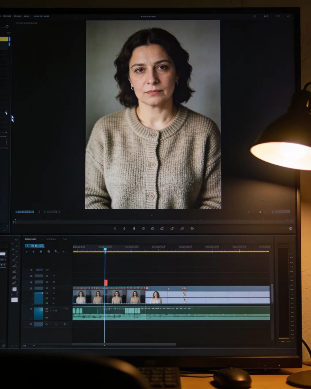 An editing suite with a vertical frame of a Bulgarian woman in a plain knit cardigan above a timeline