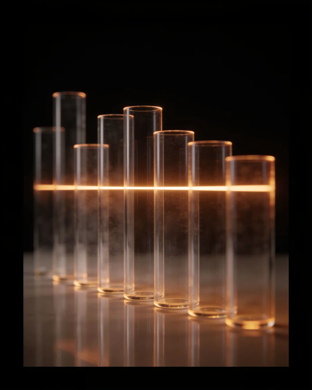 Glass columns of different heights with a glowing limit line