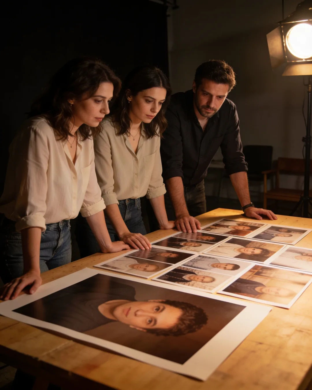 A Bulgarian production team reviewing printed frames on a lit table