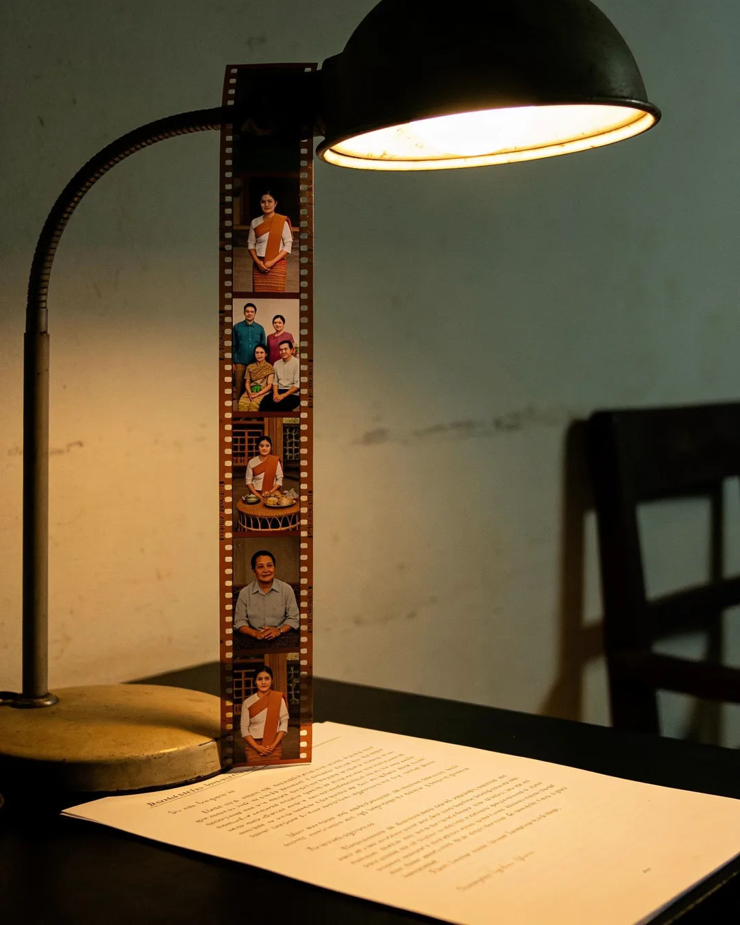 A screenplay page under a desk lamp beside a strip of film frames from a Burmese family drama
