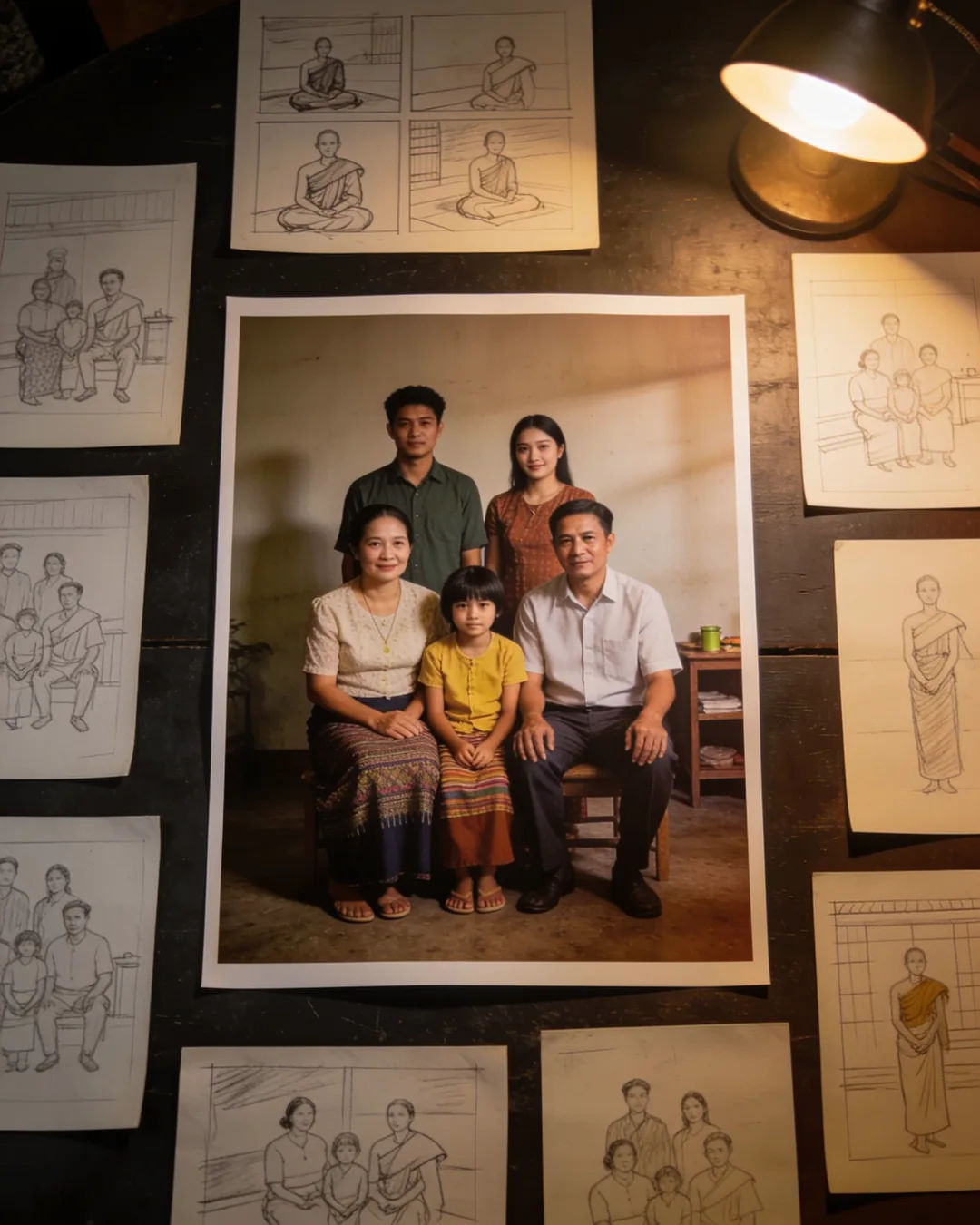 Pencil storyboard sketches around a finished photo of a Burmese family scene