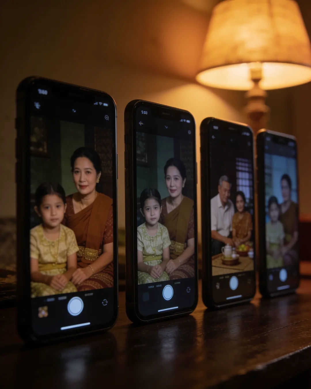 A row of phones showing episodes of the same Burmese drama series