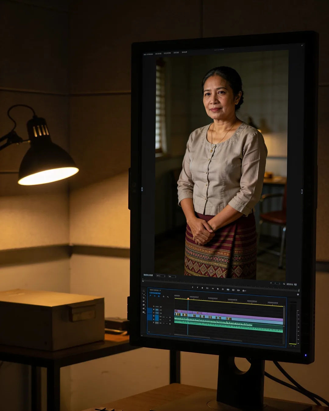 An editing suite with a vertical frame of a Burmese woman in a simple blouse and longyi above a timeline