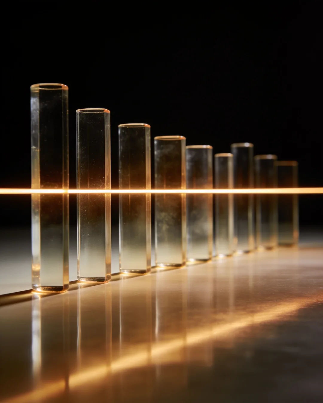 Glass columns of different heights with a glowing limit line