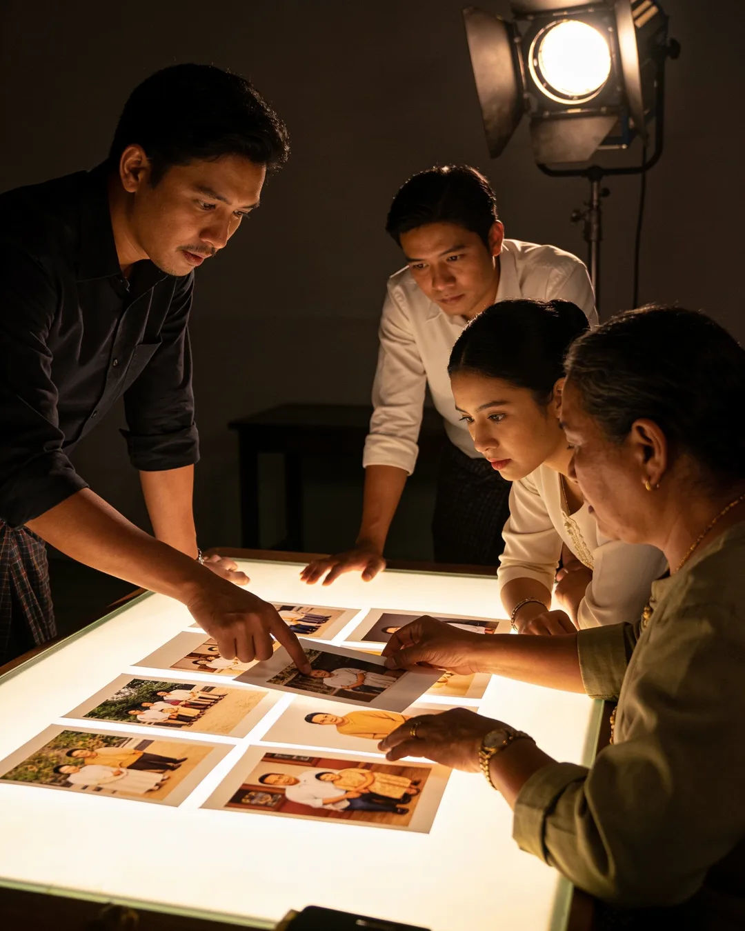 A Burmese production team reviewing printed frames on a lit table