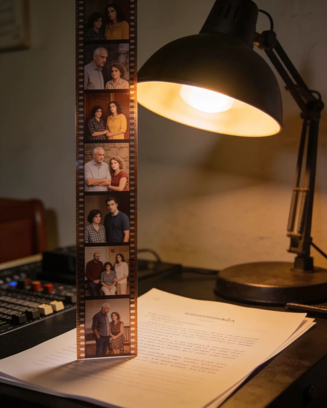 A screenplay page under a desk lamp beside a strip of film frames from a Catalan Spanish family drama