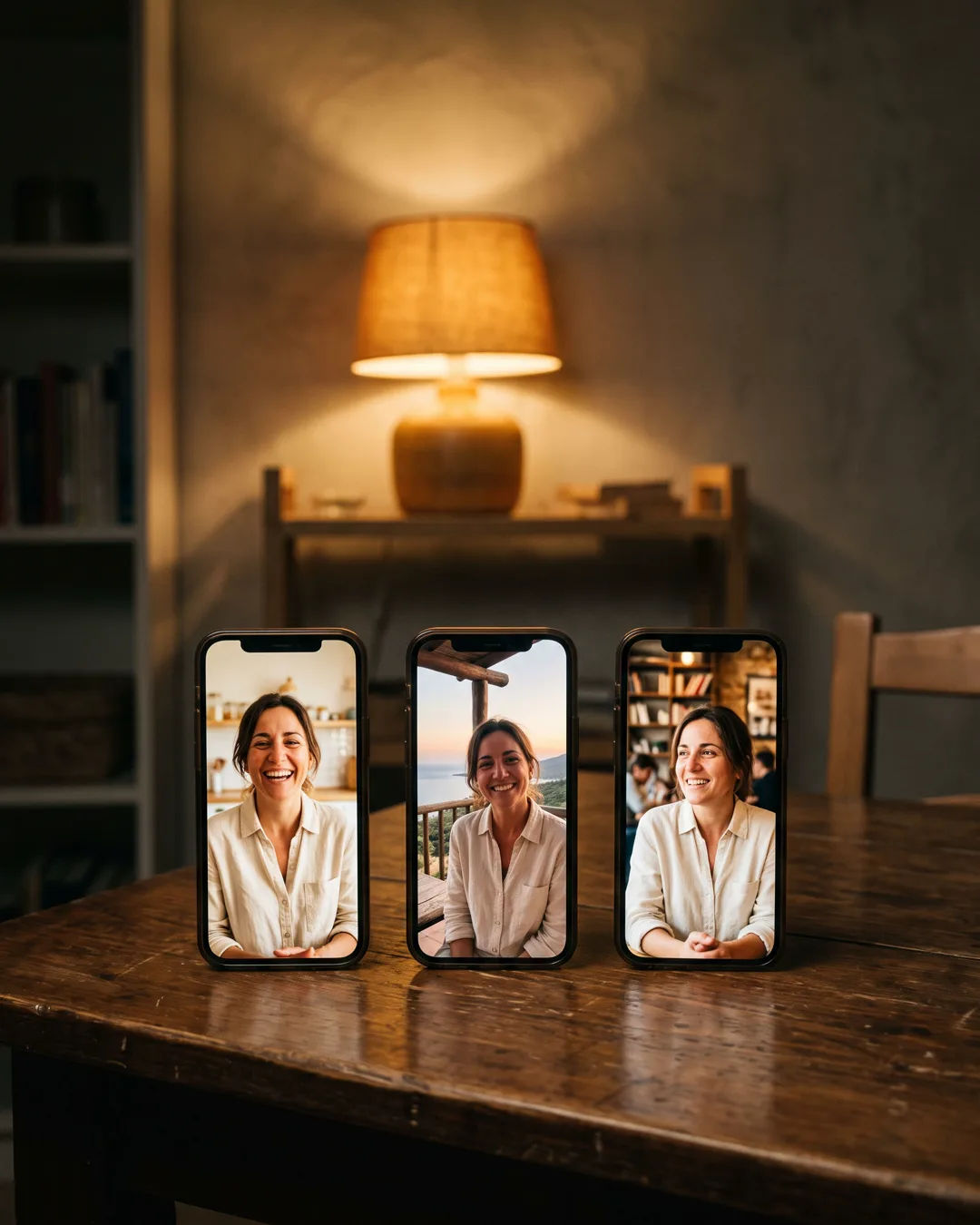 The same Catalan Spanish woman in a linen shirt on three vertical phone screens