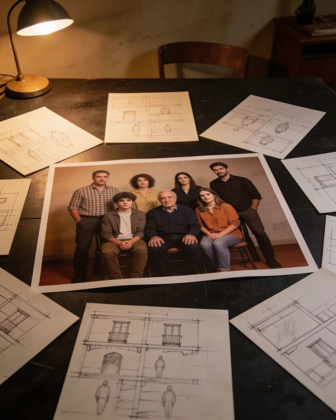 Pencil storyboard sketches around a finished photo of a Catalan Spanish family scene