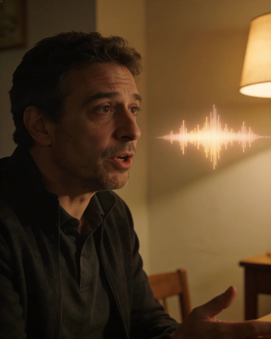 A Catalan Spanish man speaking at home at night, a sound waveform beside him