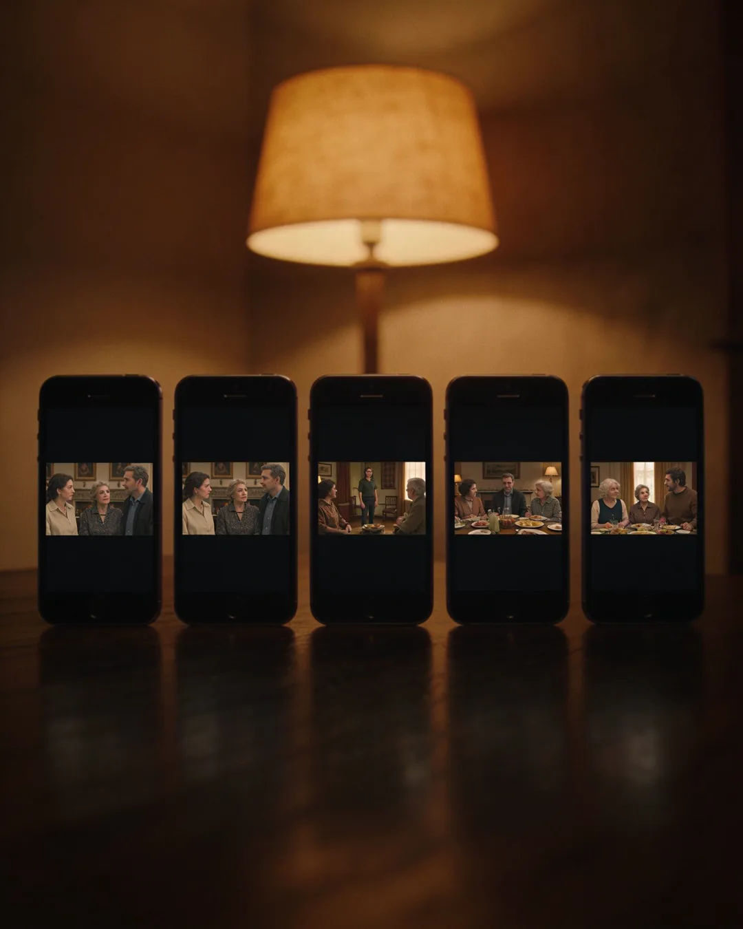 A row of phones showing episodes of the same Catalan Spanish drama series