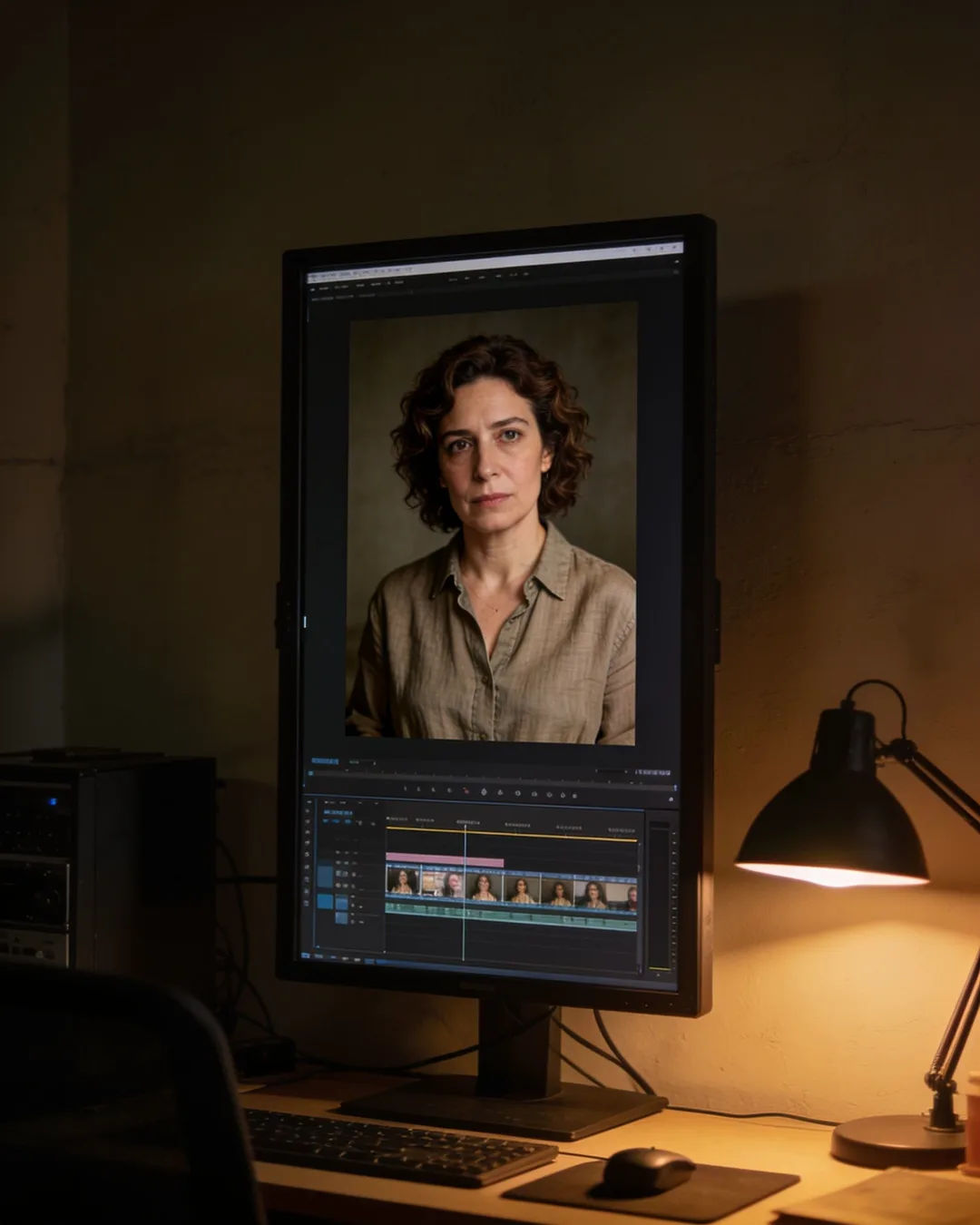 An editing suite with a vertical frame of a Catalan Spanish woman in a linen shirt above a timeline