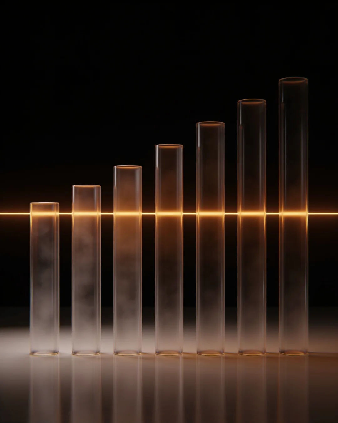 Glass columns of different heights with a glowing limit line