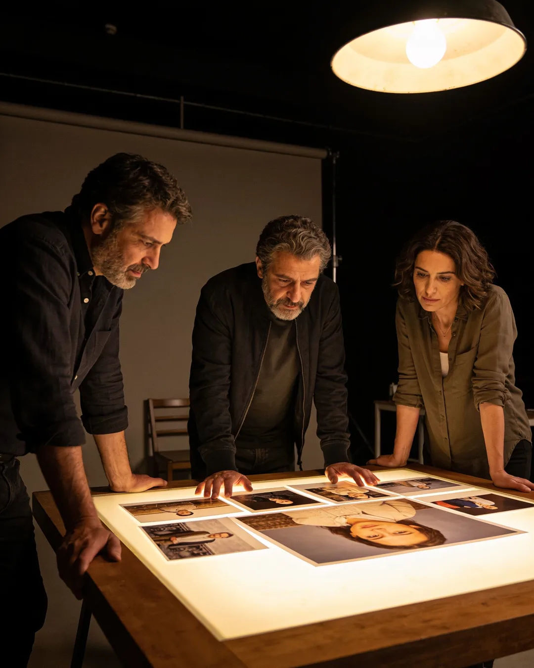 A Catalan Spanish production team reviewing printed frames on a lit table