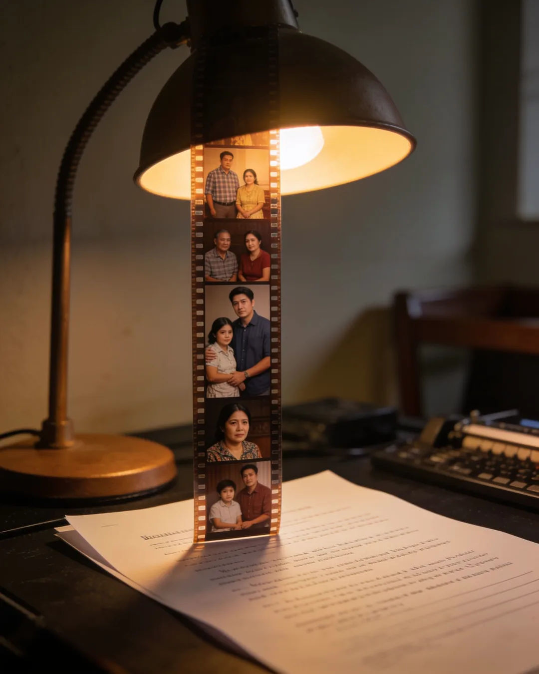 A screenplay page under a desk lamp beside a strip of film frames from a Filipino family drama