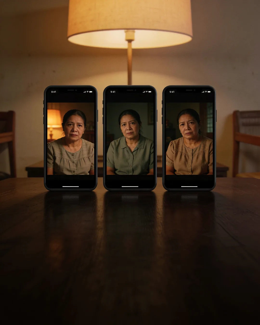 The same Filipino woman in a simple cotton blouse on three vertical phone screens