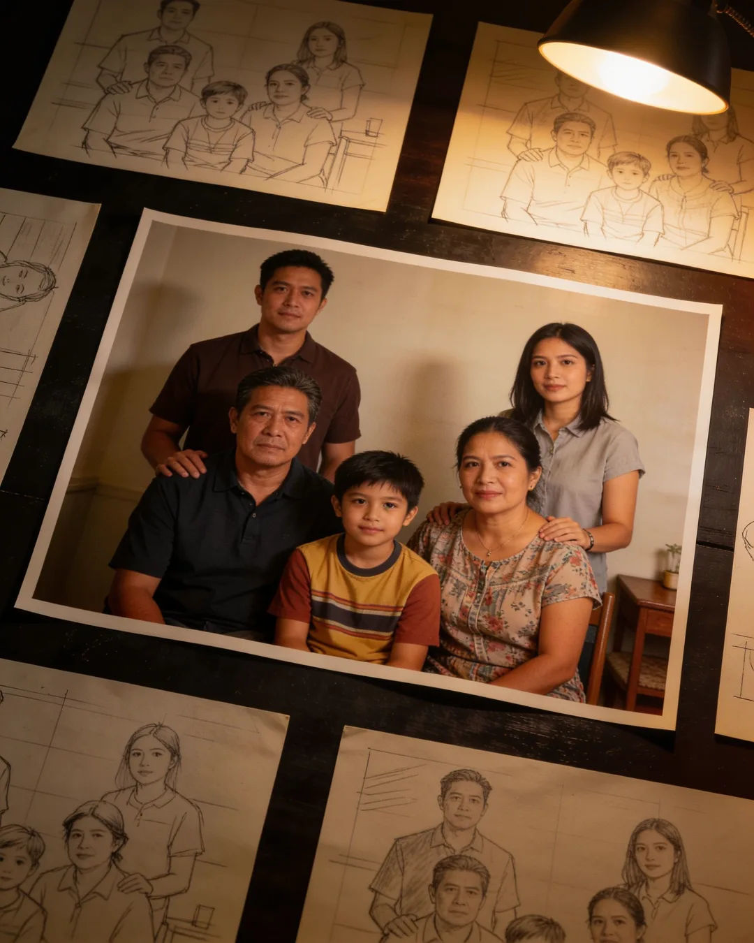 Pencil storyboard sketches around a finished photo of a Filipino family scene