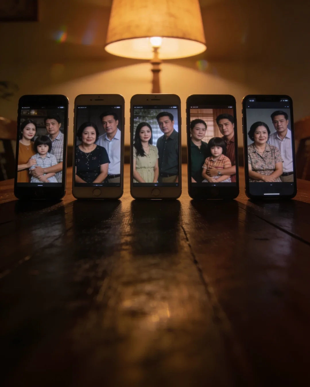 A row of phones showing episodes of the same Filipino drama series