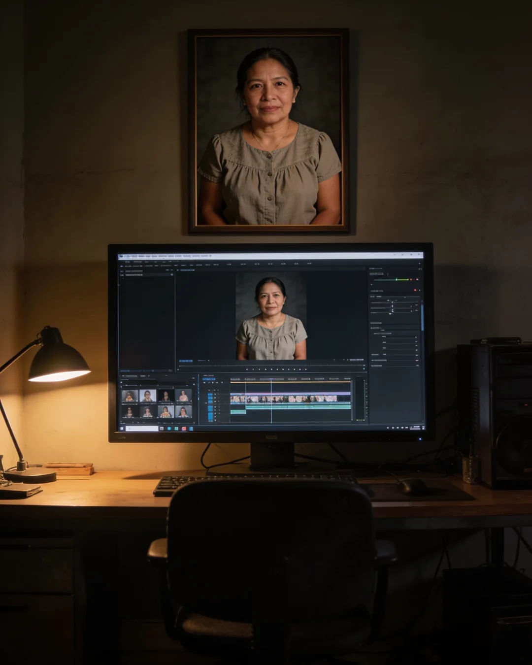 An editing suite with a vertical frame of a Filipino woman in a simple cotton blouse above a timeline