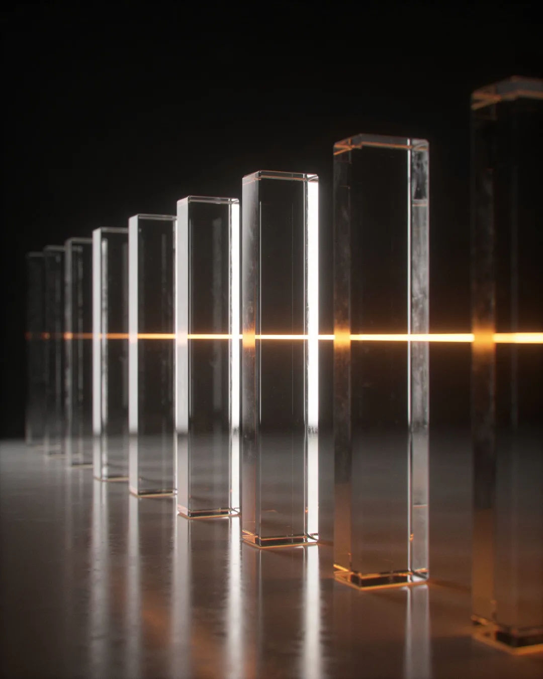 Glass columns of different heights with a glowing limit line