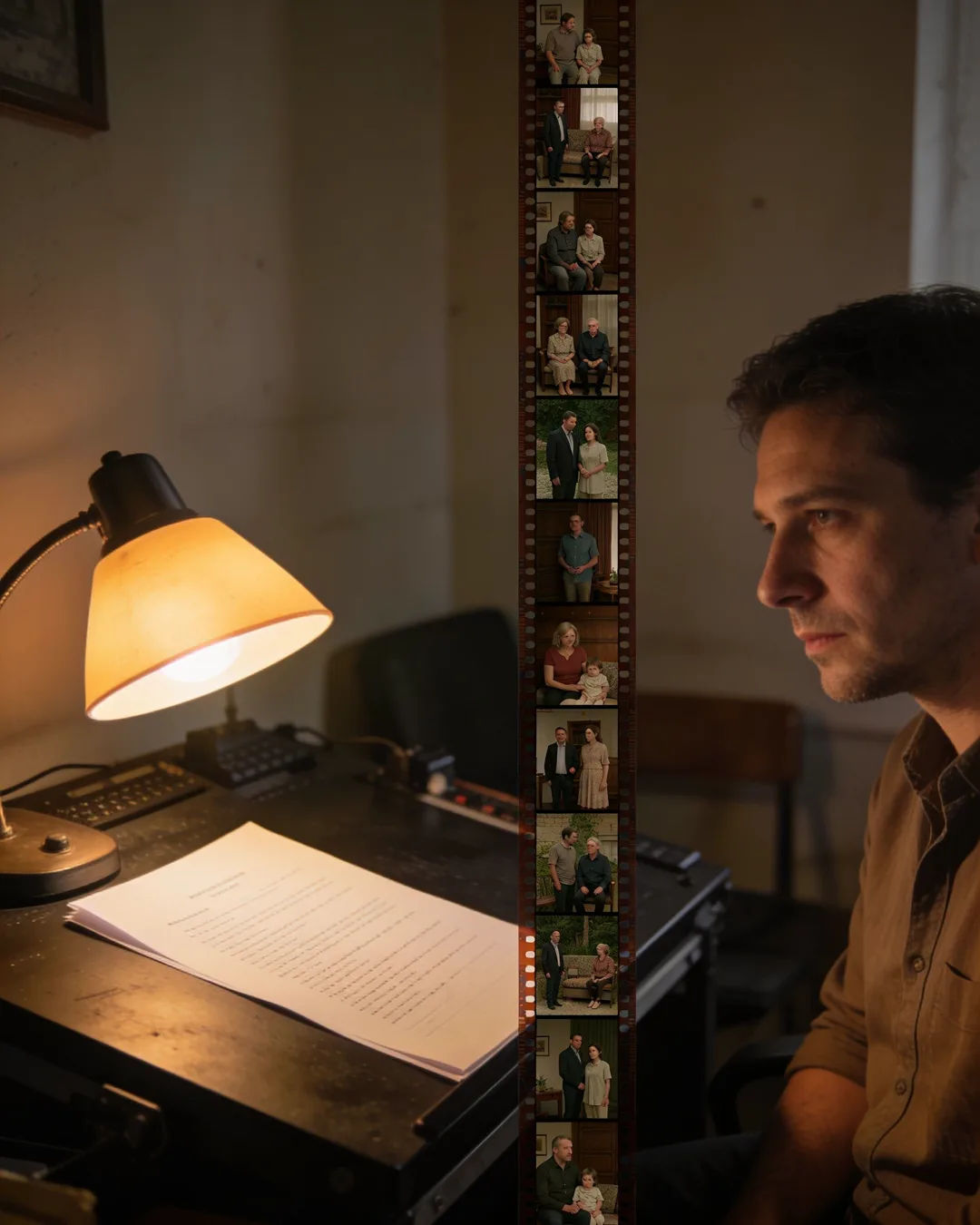 A screenplay page under a desk lamp beside a strip of film frames from a Croatian family drama