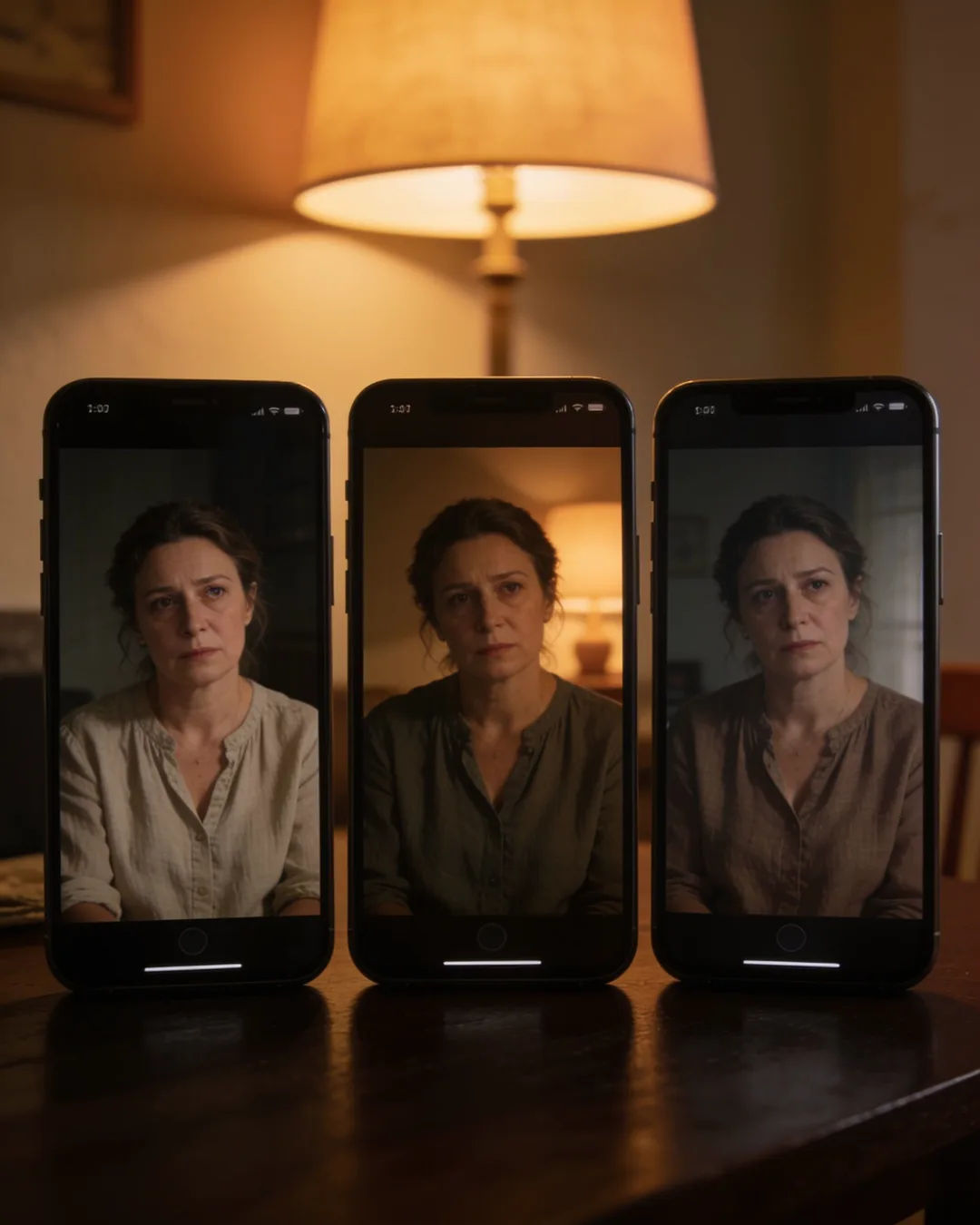 The same Croatian woman in a simple linen blouse on three vertical phone screens
