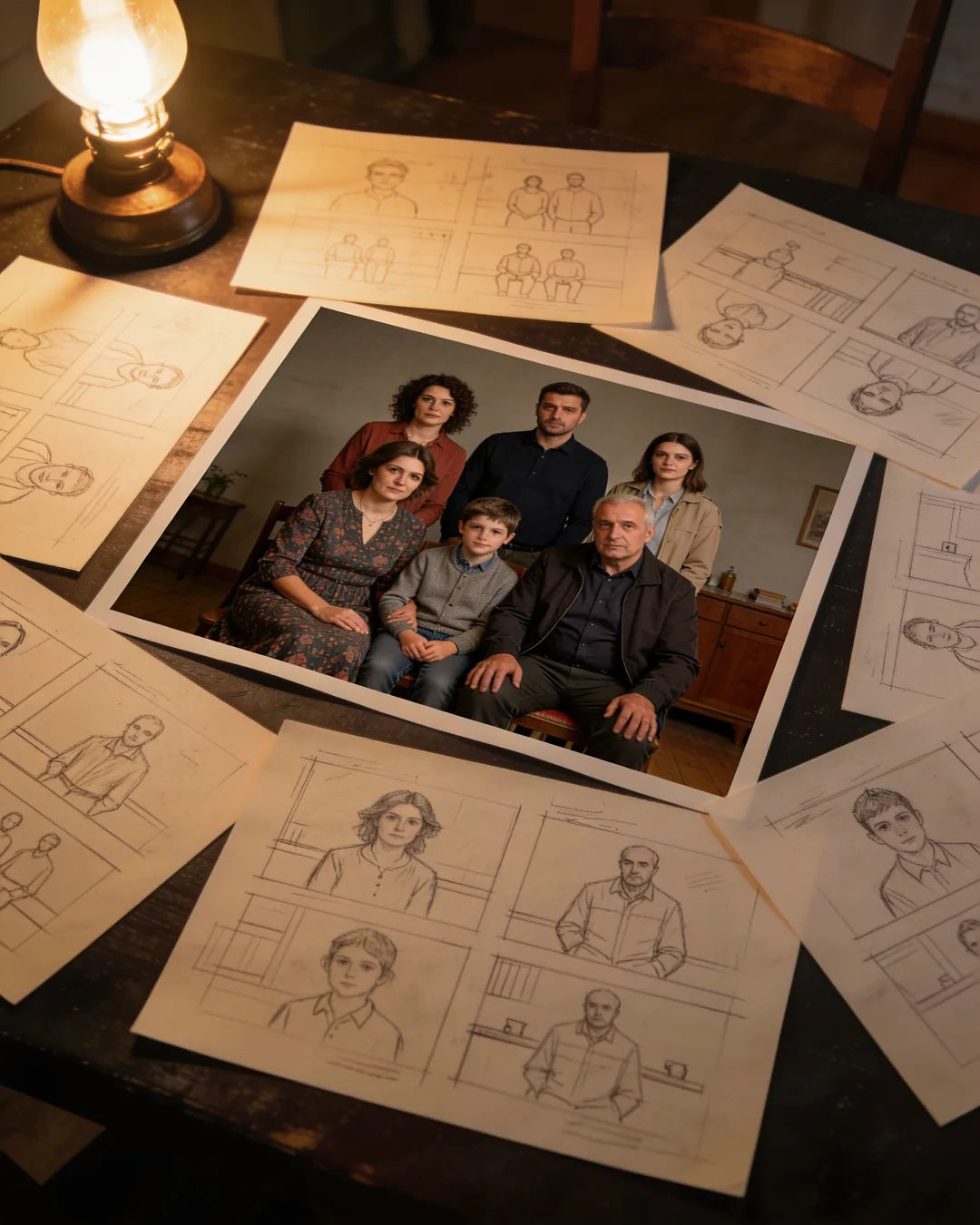 Pencil storyboard sketches around a finished photo of a Croatian family scene