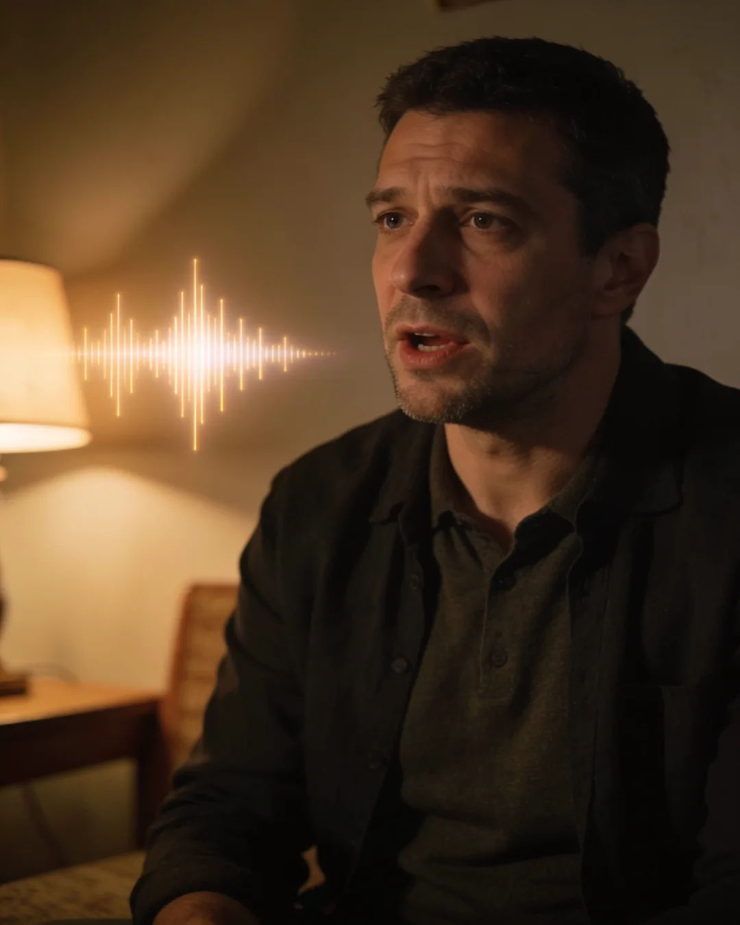 A Croatian man speaking at home at night, a sound waveform beside him
