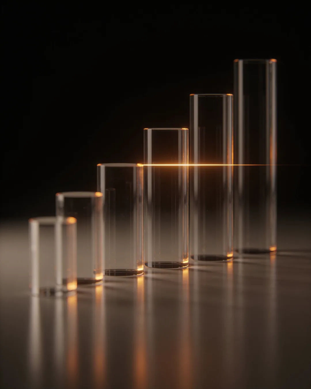 Glass columns of different heights with a glowing limit line