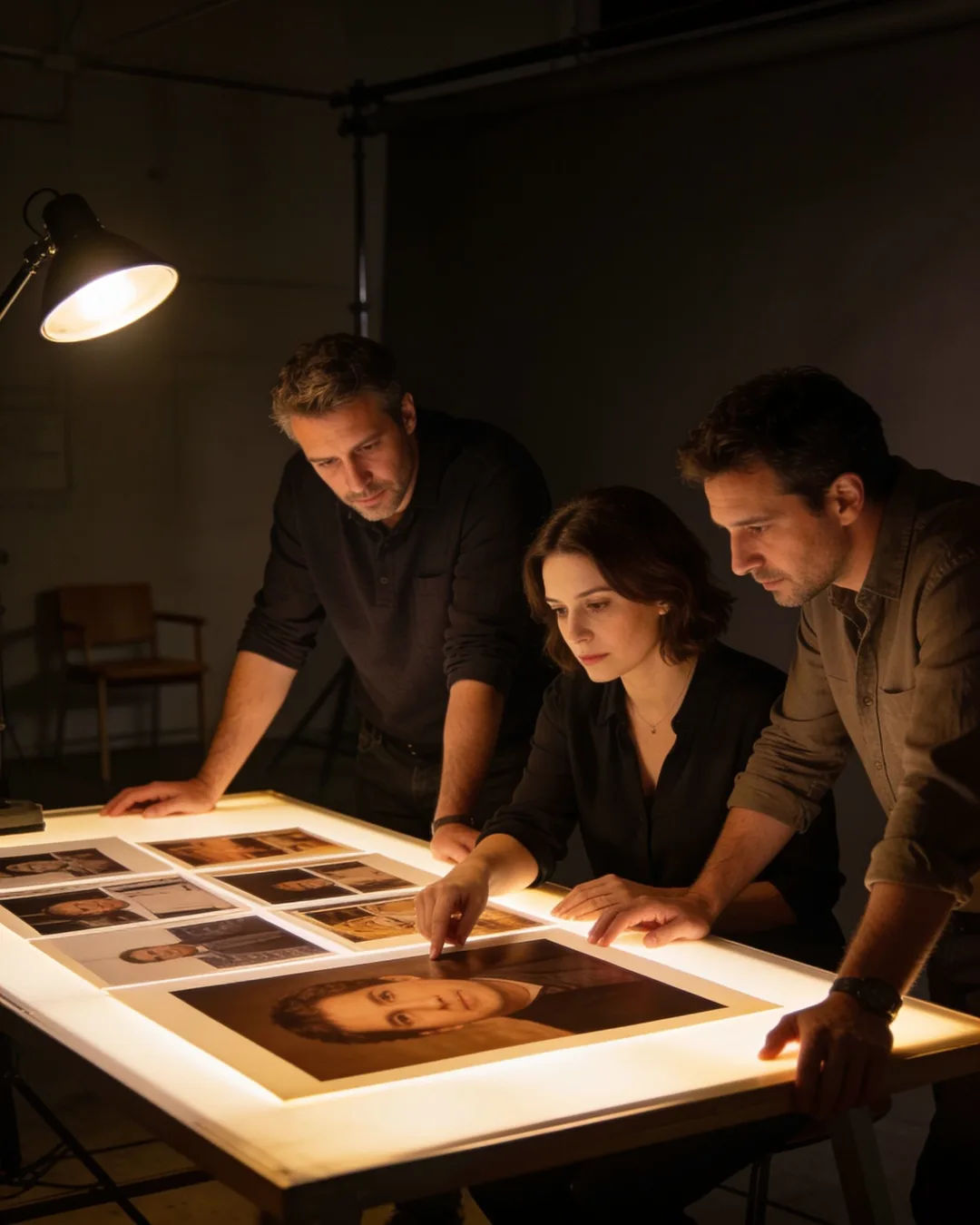 A Croatian production team reviewing printed frames on a lit table