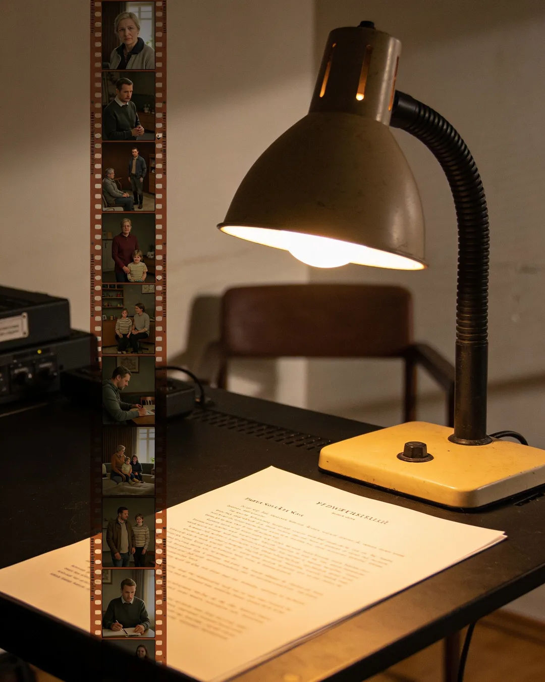 A screenplay page under a desk lamp beside a strip of film frames from a Czech family drama