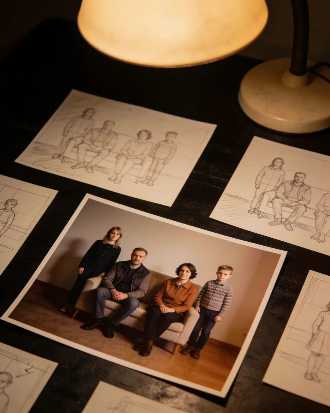 Pencil storyboard sketches around a finished photo of a Czech family scene