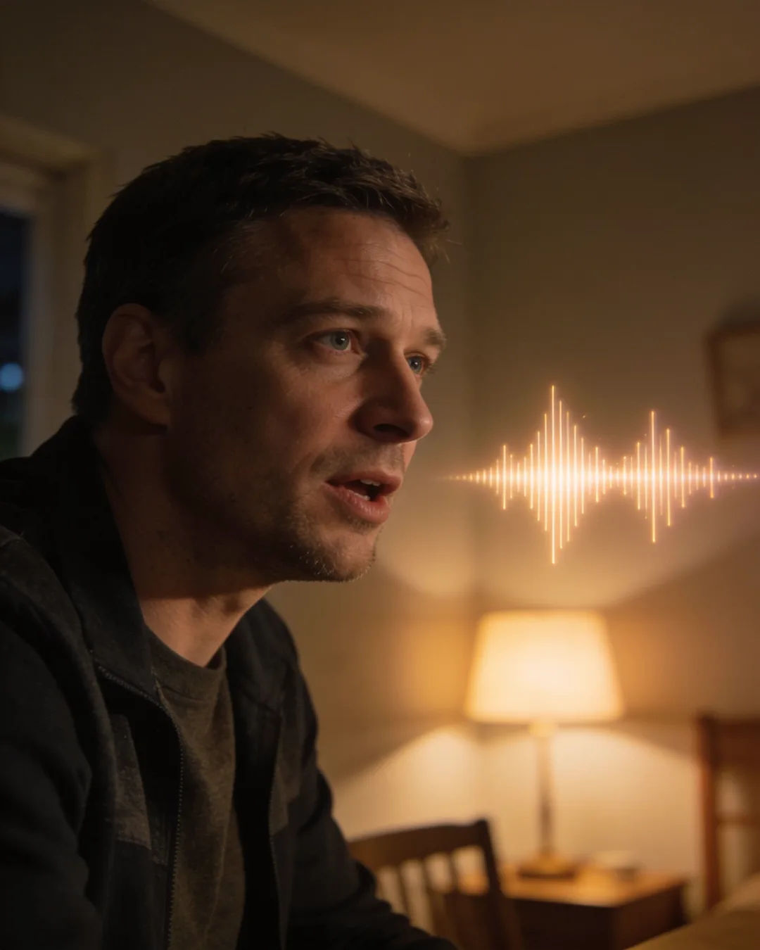A Czech man speaking at home at night, a sound waveform beside him