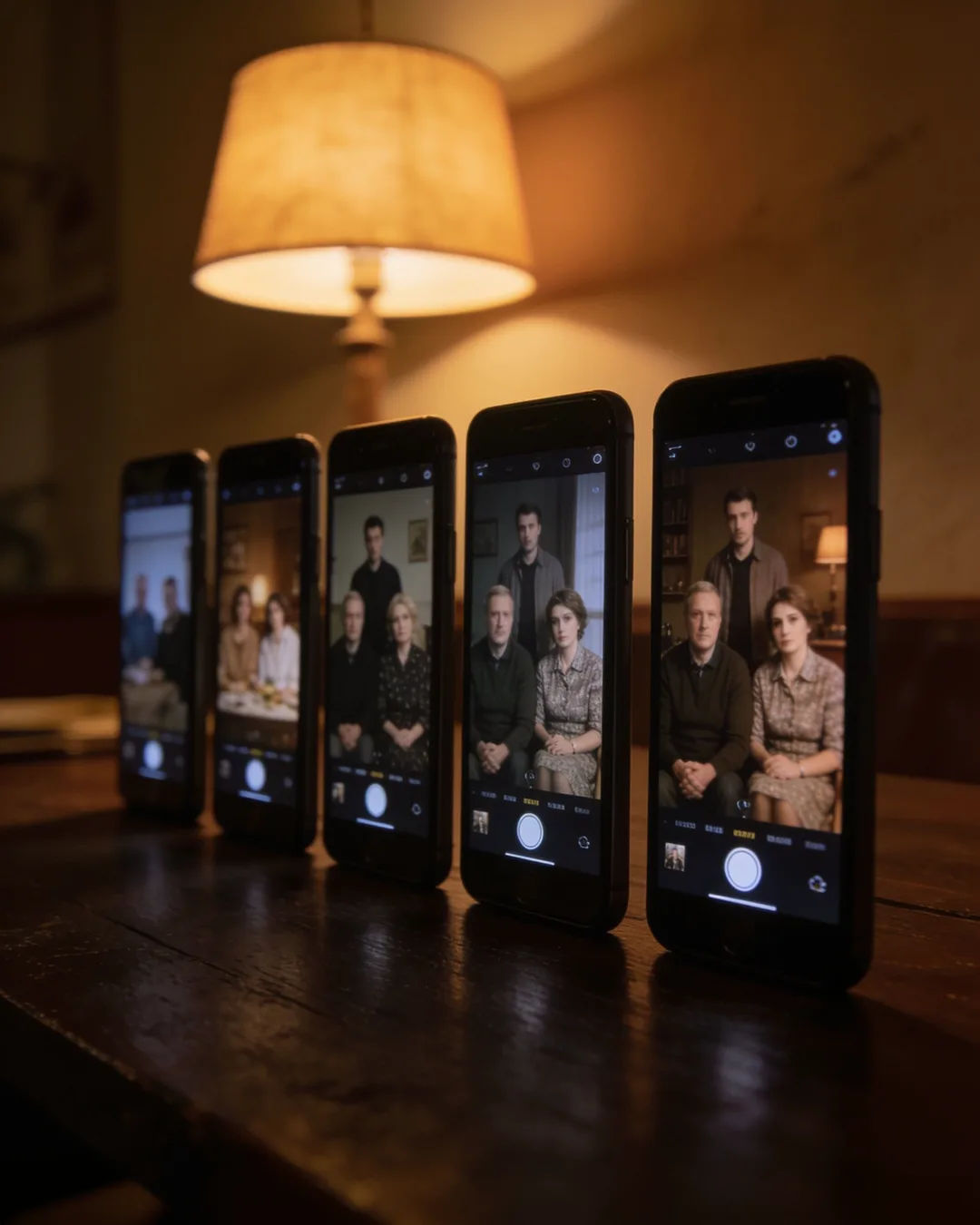 A row of phones showing episodes of the same Czech drama series