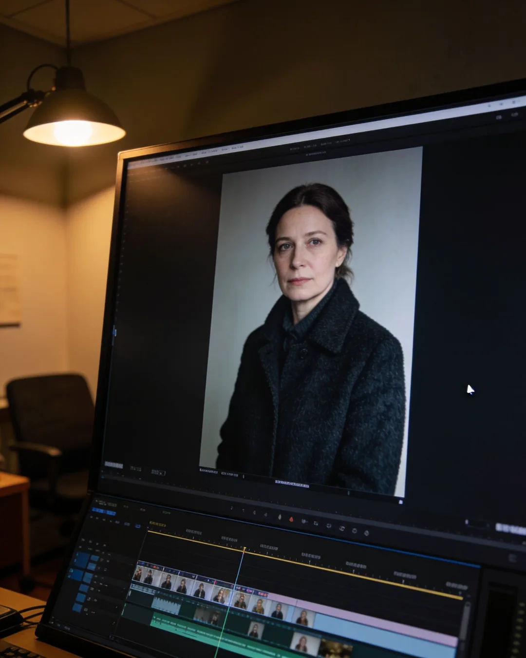 An editing suite with a vertical frame of a Czech woman in a dark wool coat above a timeline