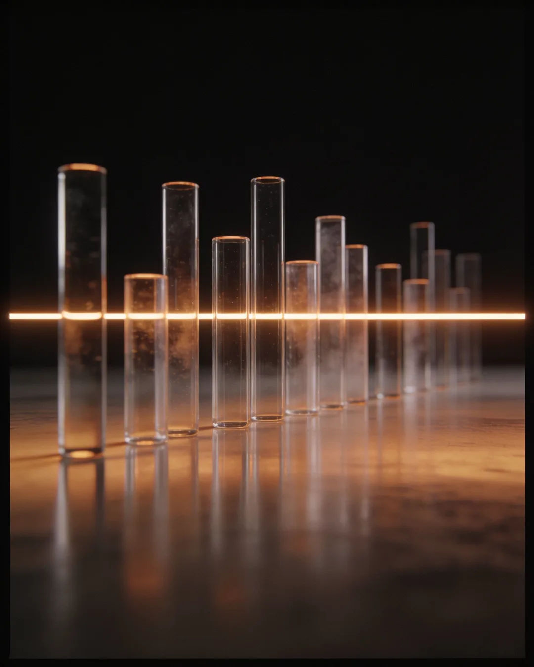 Glass columns of different heights with a glowing limit line