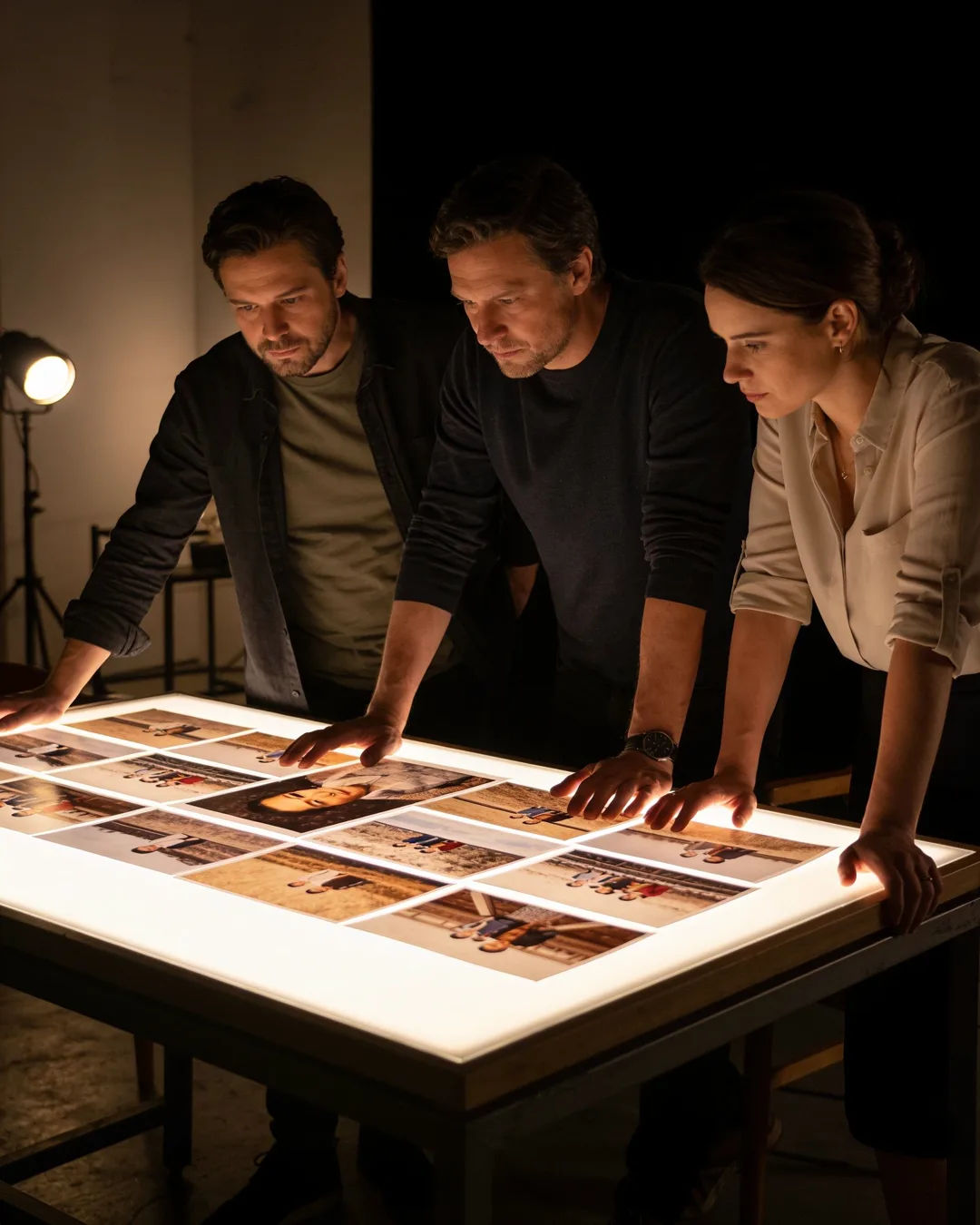 A Czech production team reviewing printed frames on a lit table