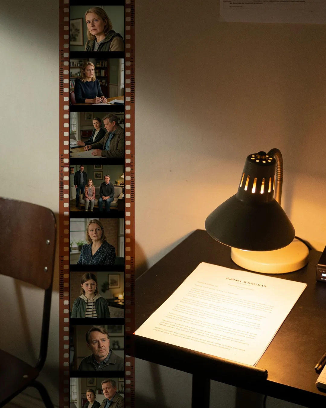 A screenplay page under a desk lamp beside a strip of film frames from a Danish family drama