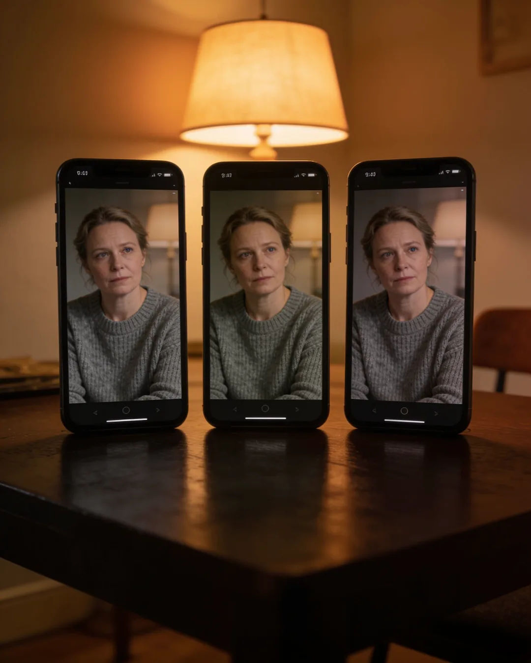 The same Danish woman in a grey knit sweater on three vertical phone screens