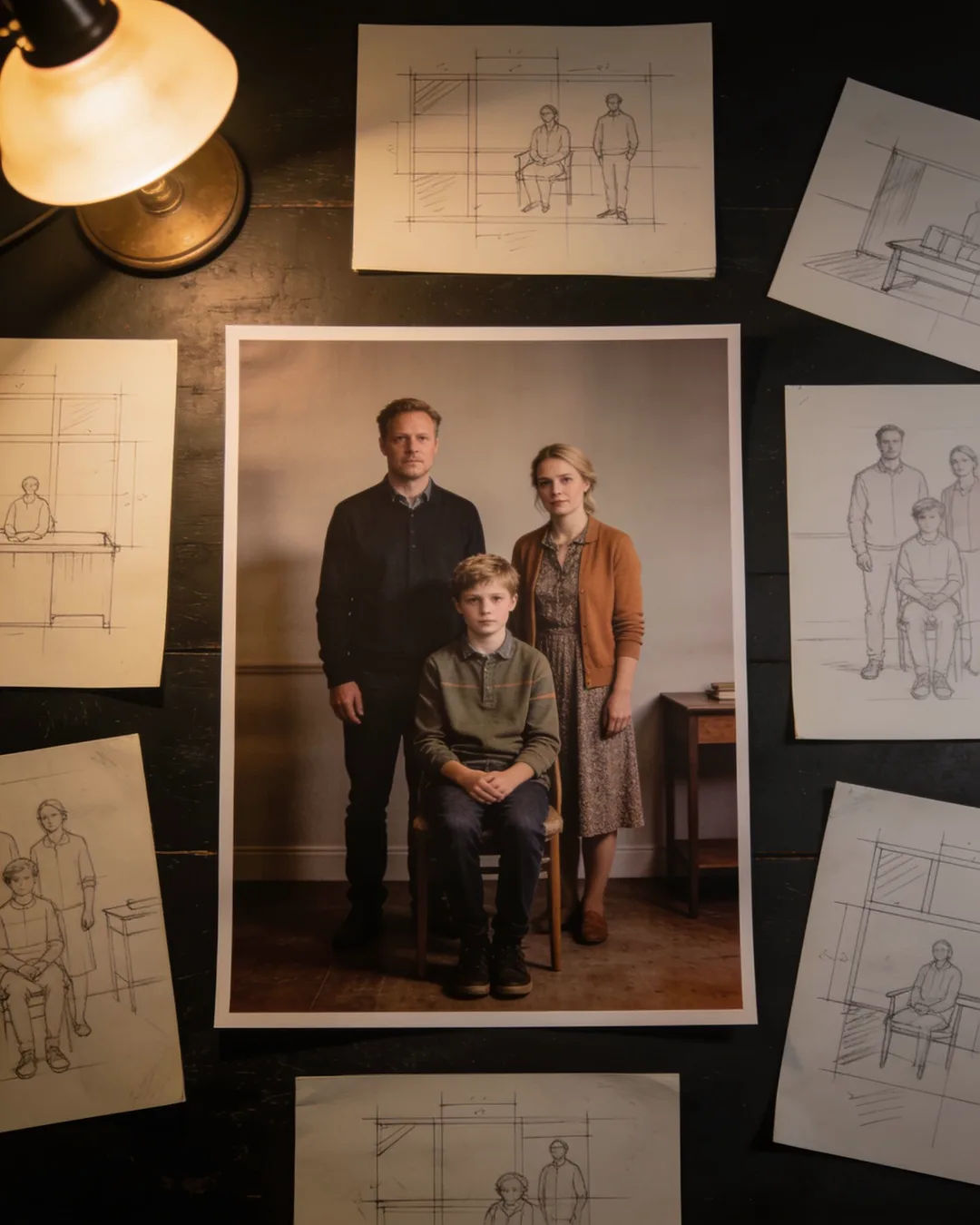Pencil storyboard sketches around a finished photo of a Danish family scene