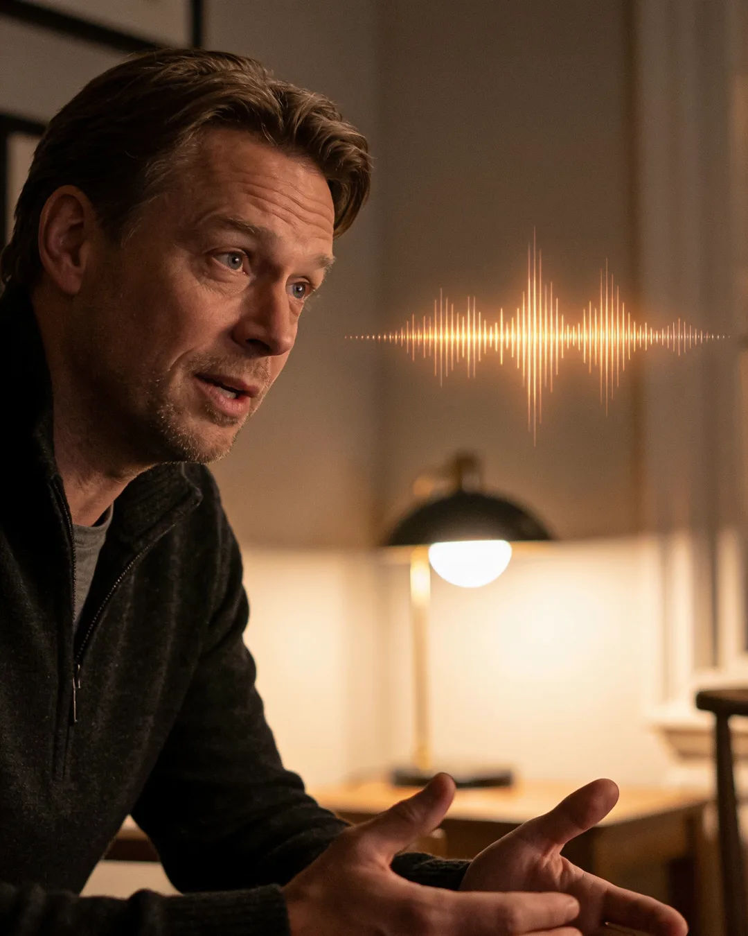 A Danish man speaking at home at night, a sound waveform beside him