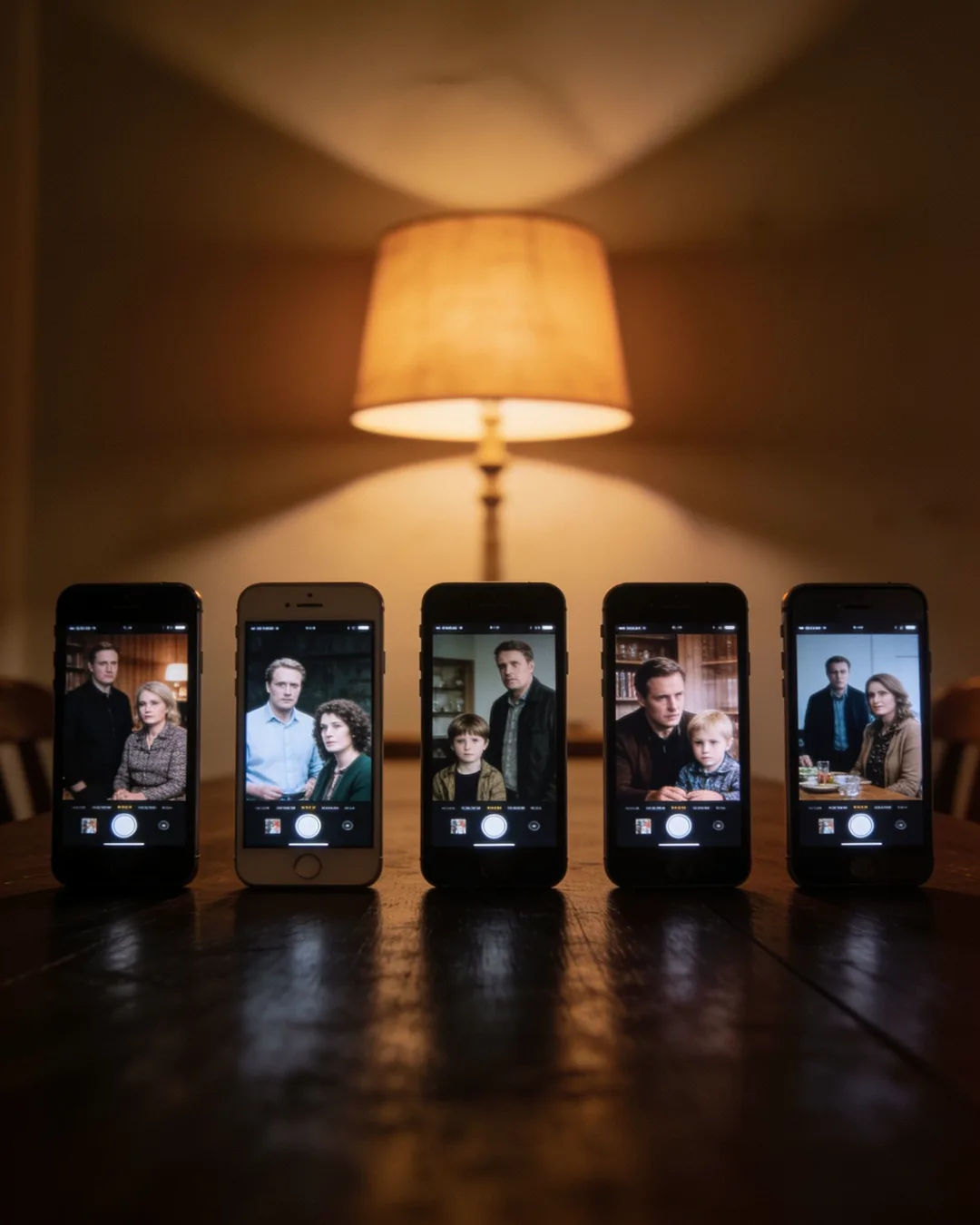 A row of phones showing episodes of the same Danish drama series