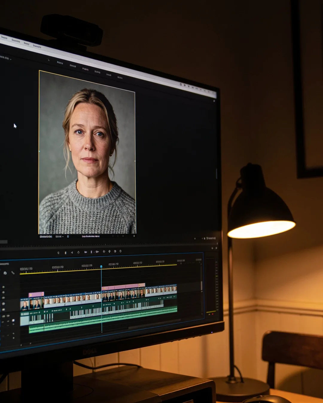 An editing suite with a vertical frame of a Danish woman in a grey knit sweater above a timeline