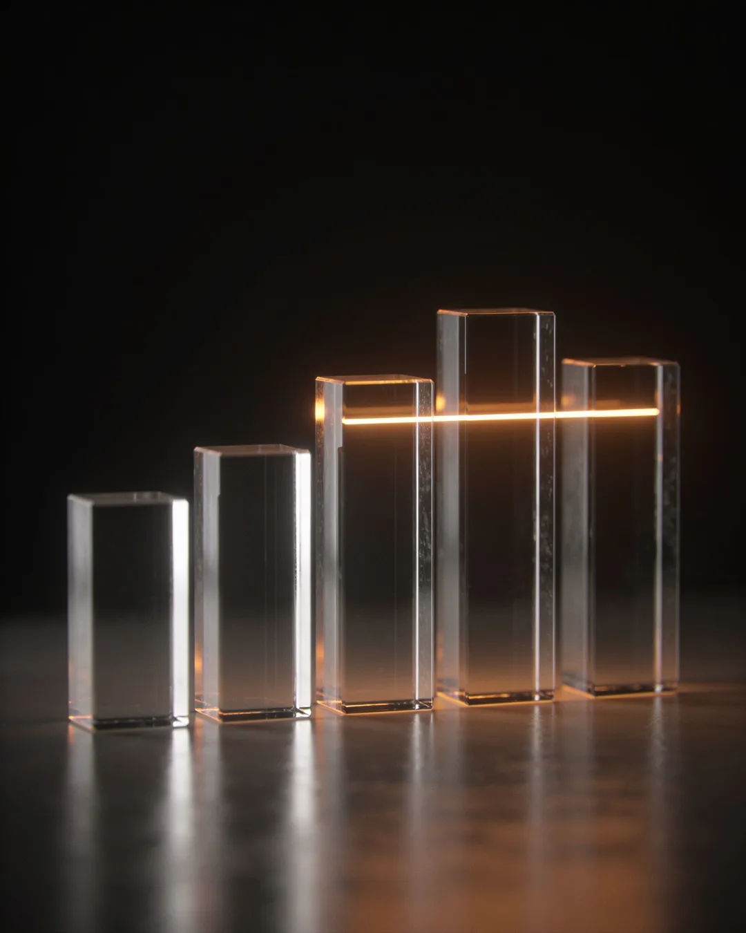 Glass columns of different heights with a glowing limit line