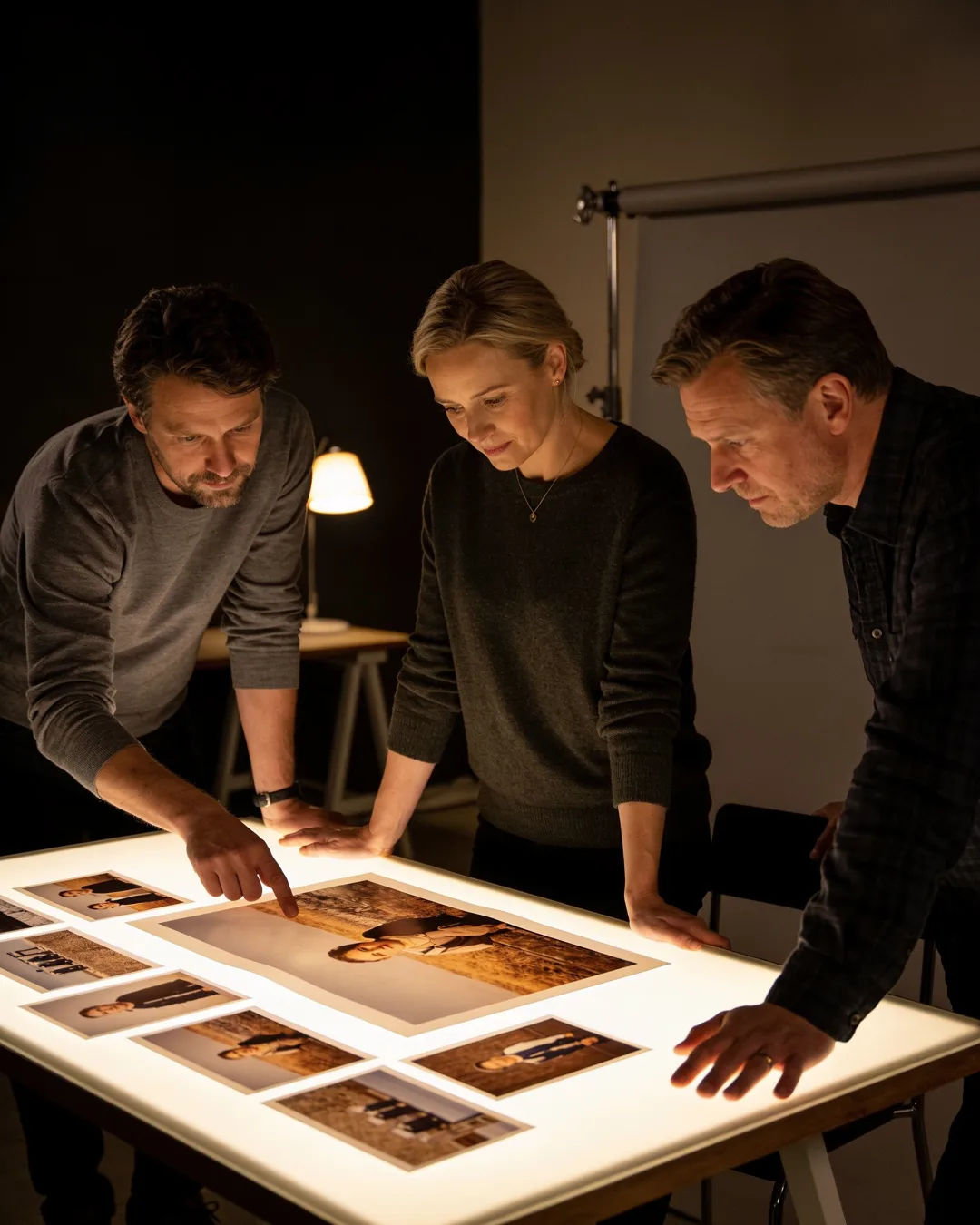 A Danish production team reviewing printed frames on a lit table