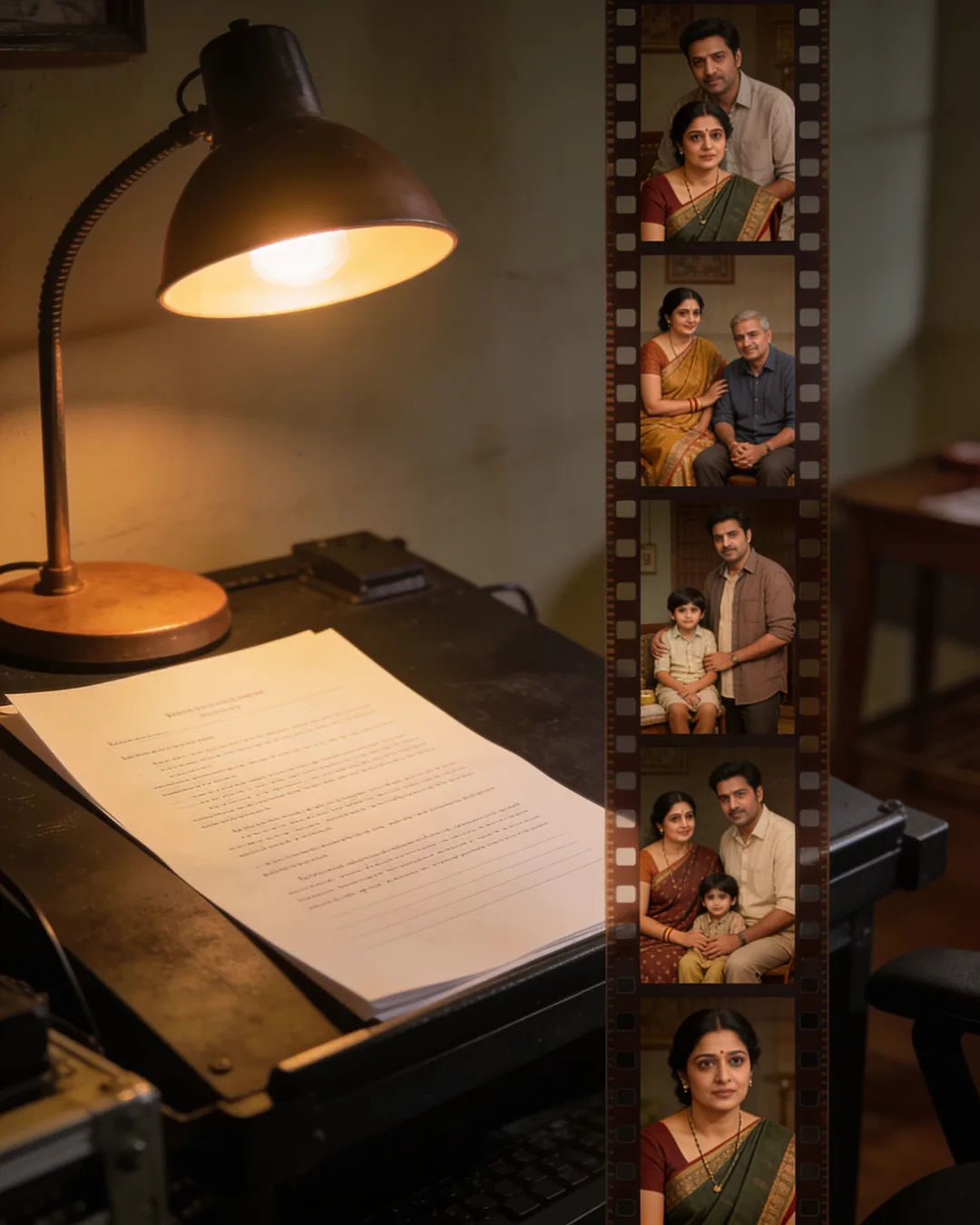 A screenplay page under a desk lamp beside a strip of film frames from a family drama