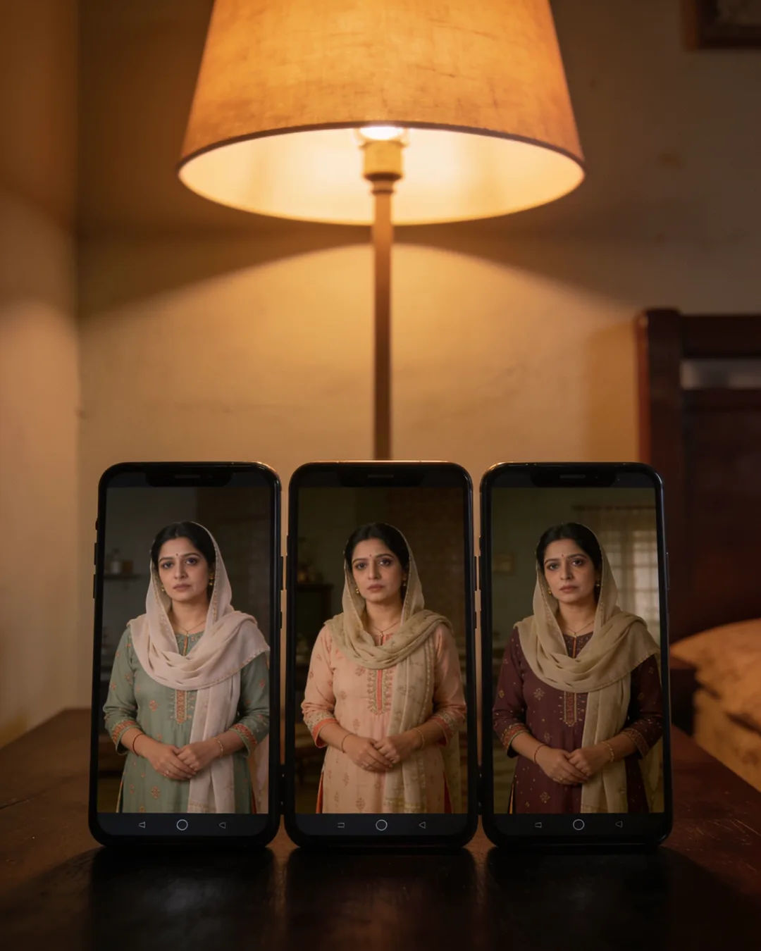 The same woman in a salwar kameez with a light dupatta on three vertical phone screens