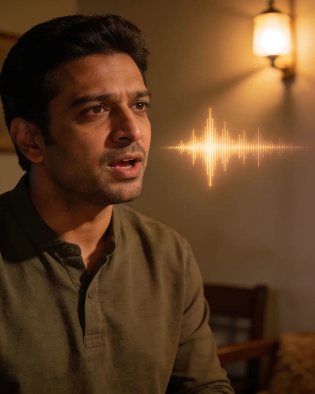 A man speaking at home at night, a sound waveform beside him