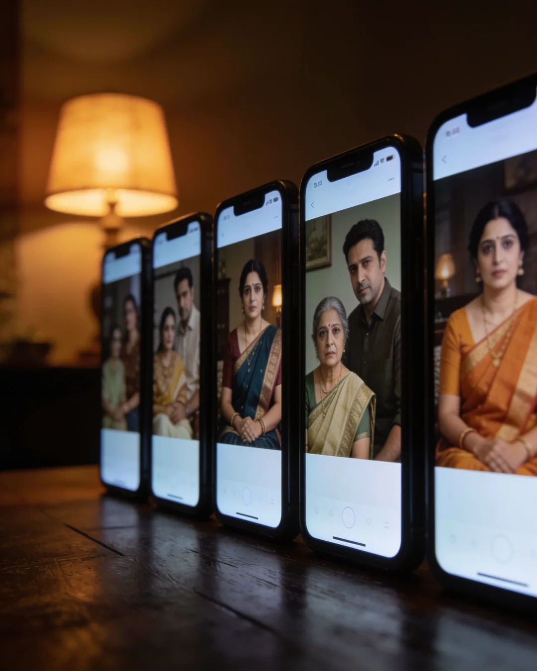 A row of phones showing episodes of the same family drama series