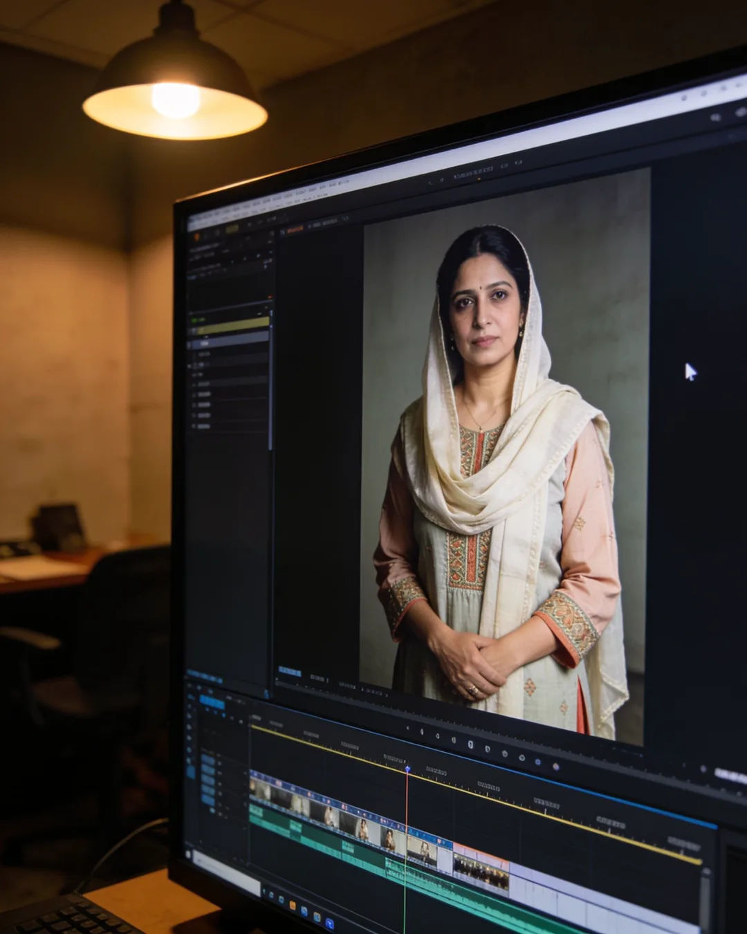 An editing suite with a vertical frame of a Dogra Indian from Jammu woman in a salwar kameez with a light dupatta above a timeline