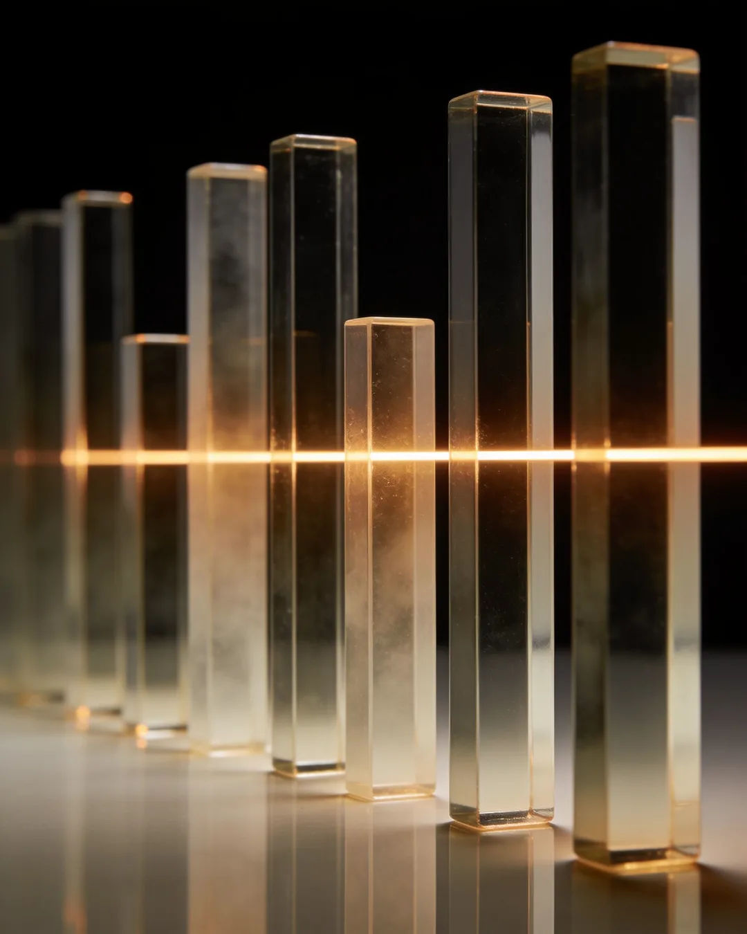 Glass columns of different heights with a glowing limit line